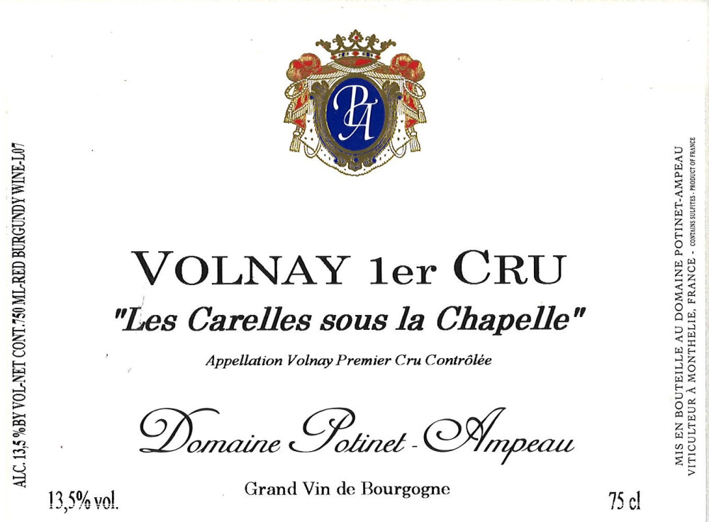 etiquette - Domaine Potinet Ampeau - Volnay 1er cru Les Carelles Sous La Chapelle