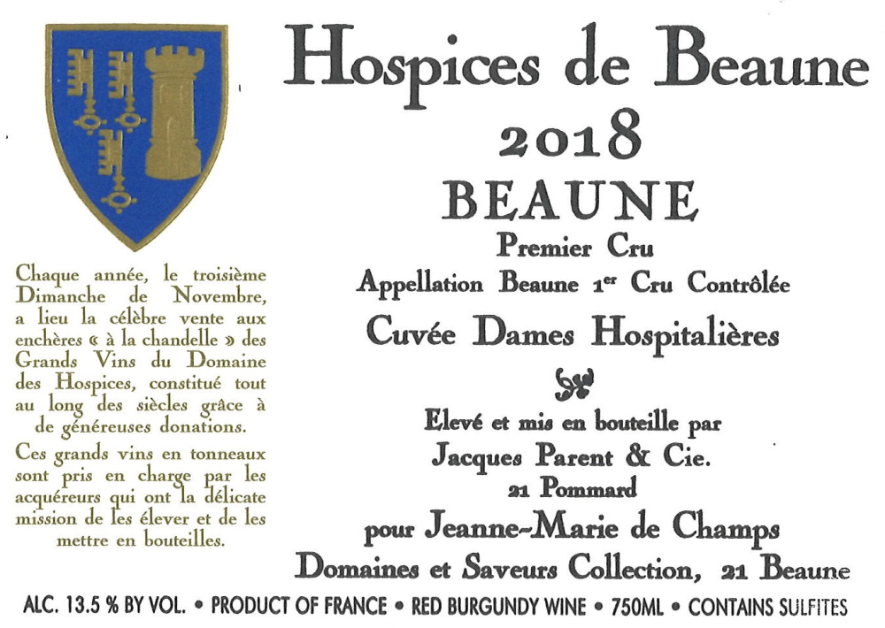 etiquette - Domaines Et Saveurs Collection, Hospices de Beaune - Beaune 1er cru Cuvée Dames Hospitalières 2018