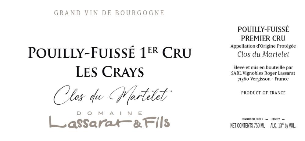 etiquette - Domaine Lassarat et Fils - Pouilly Fuissé 1er cru Les Crays Clos du Martelet