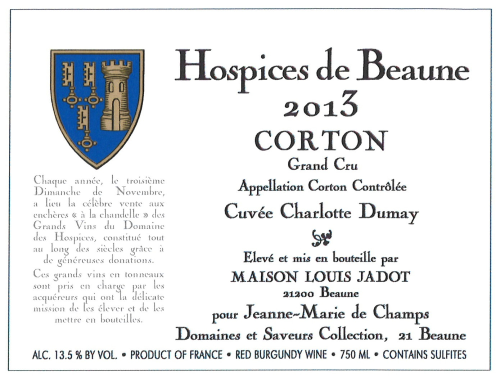 etiquette - Domaines Et Saveurs Collection, Hospices de Beaune - Corton Grand Cru Cuvée Charlotte Dumay 2013