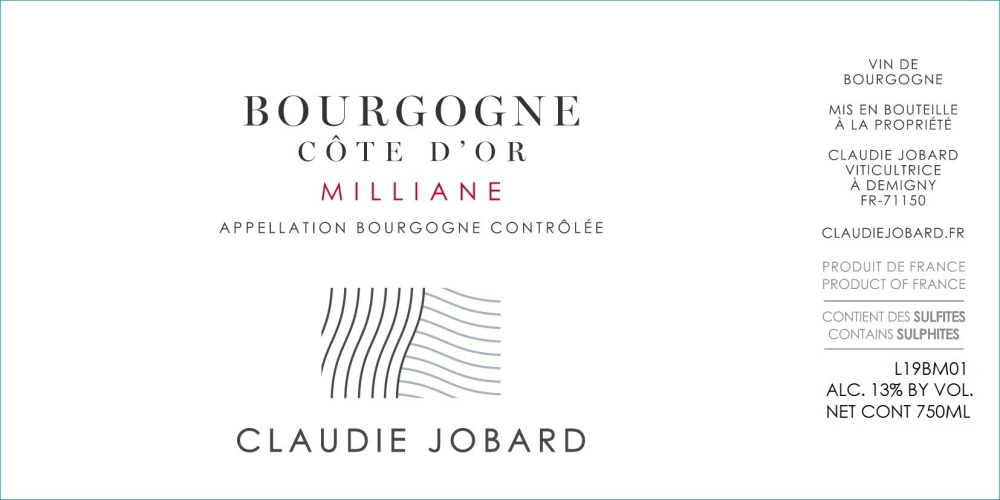 etiquette - Domaine Claudie Jobard - Bourgogne rouge Côte d'Or Milliane