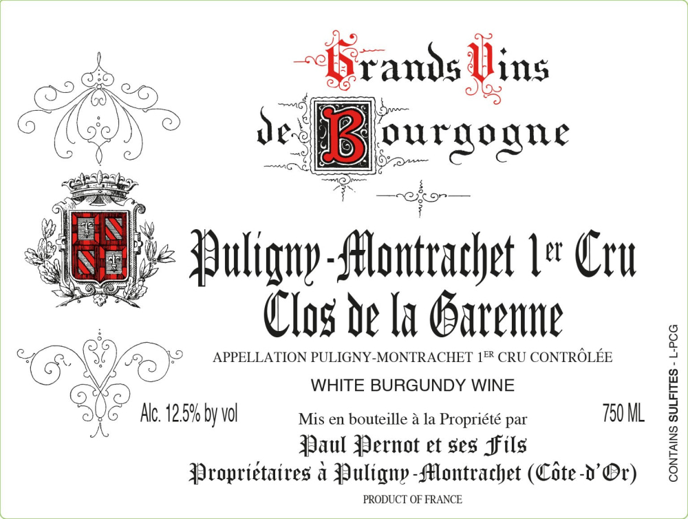 etiquette - Domaine Pernot Paul - Puligny Montrachet 1er Cru Clos De La Garenne