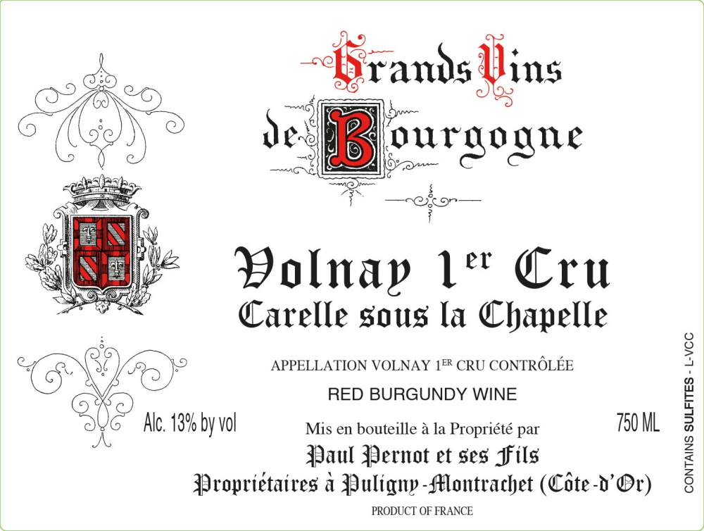 etiquette - Domaine Pernot Paul - Volnay 1er Cru Carelle Sous La Chapelle