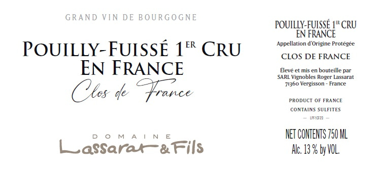 etiquette - Domaine Lassarat et Fils - Pouilly Fuissé 1er cru En France Clos de France